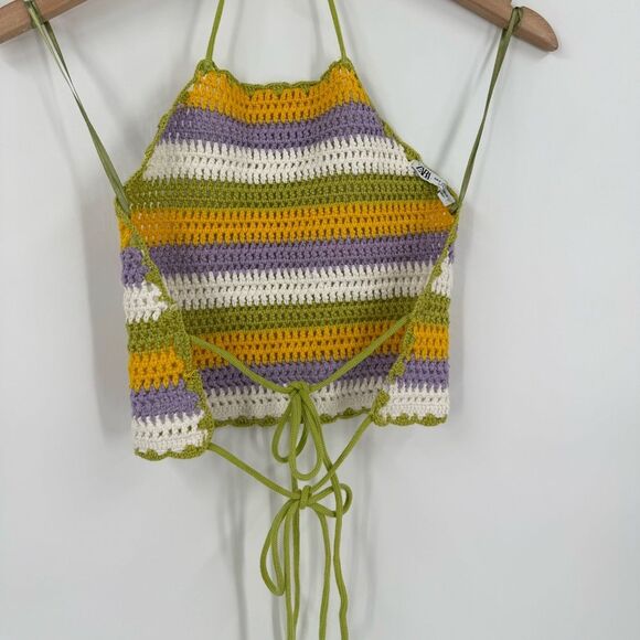Zara Crochet Knit Halter Tie Back Crop Top in Multi Stripe | Small - Picture 7 of 8